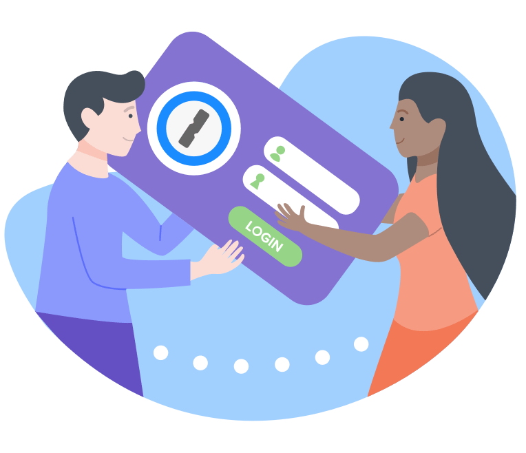 [ID: Graphic of two people sharing passwords]